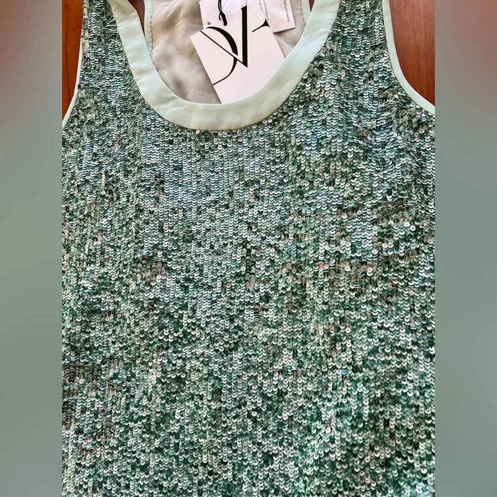 Diane Von Furstenberg Emilia Turquoise & Green Silk Marble Sequin Tank - Picture 16 of 16